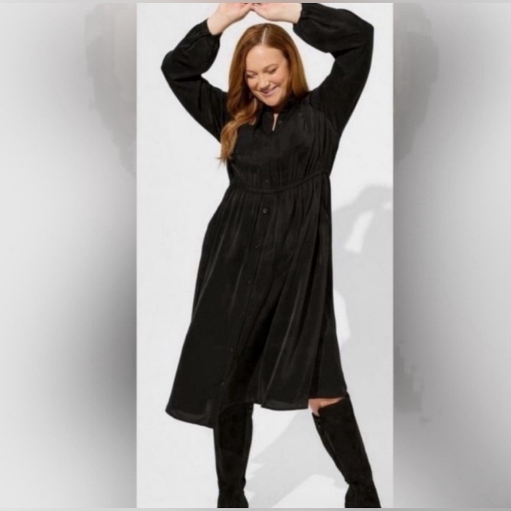 Torrid Midi Studio Crepe De Chine Button Black Long Sleeve Shirtdress Size 2X